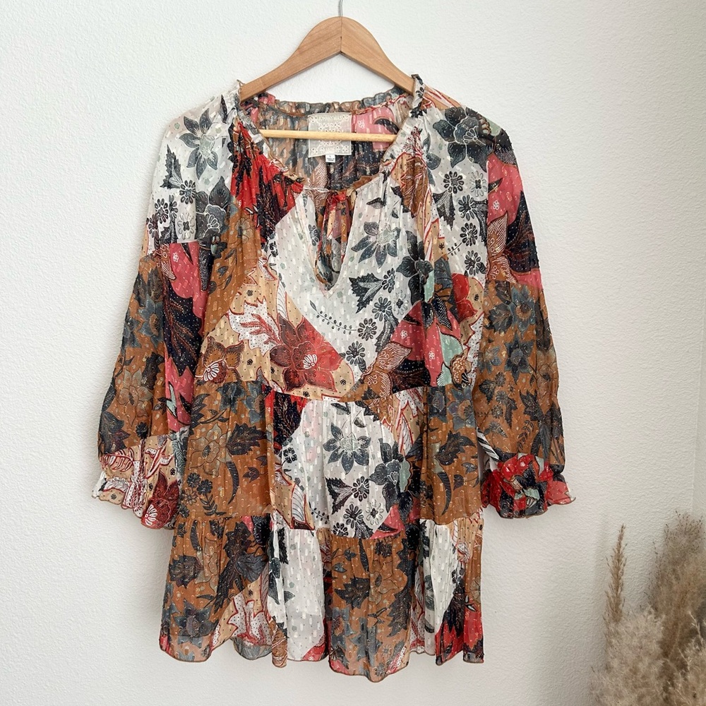 Johnny Was Jade Patchwork Sheer Silk Blend Blouse Size Large